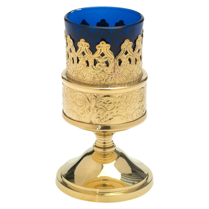 Standing Vigil Sanctuary Lamp - Gold Plated With Blue Glass, 13cm / 5 Inches High