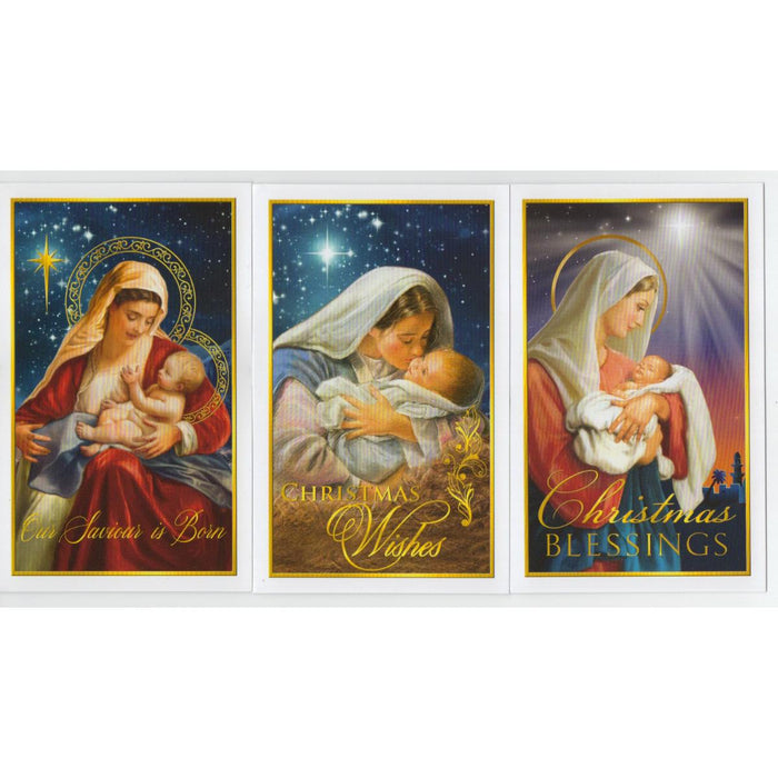 10 Small Christmas Cards, Our Saviour Is Born - 3 Designs With Gold Foil Highlights 13.5cm High