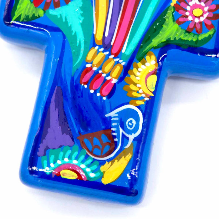 Hand Painted Ceramic Cross - Blue Bird Design, Handmade In Mexico 14cm / 5.5 Inches High