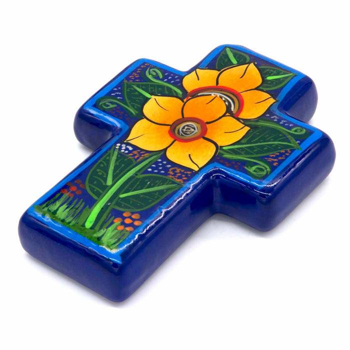 Hand Painted Ceramic Cross - Sunflower Design Dark Blue, Handmade In Mexico 14cm / 5.5 Inches High