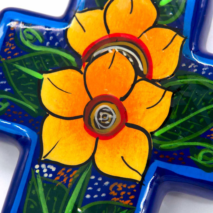 Hand Painted Ceramic Cross - Sunflower Design Dark Blue, Handmade In Mexico 14cm / 5.5 Inches High