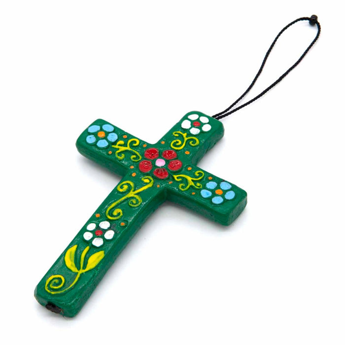 Hanging Flower Design Ceramic Crosses - Handmade In Peru, Available In 3 Colours 9.5cm / 3.75 Inches High