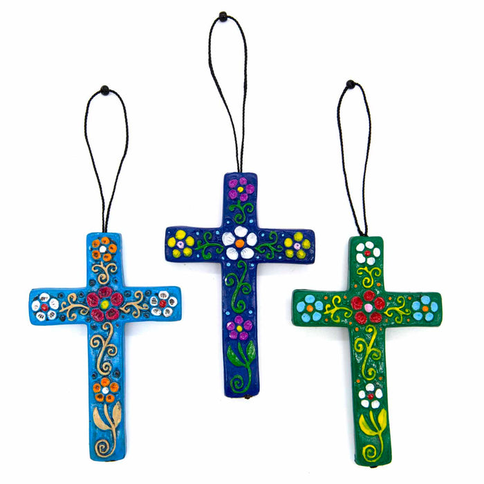 Hanging Flower Design Ceramic Crosses - Handmade In Peru, Available In 3 Colours 9.5cm / 3.75 Inches High