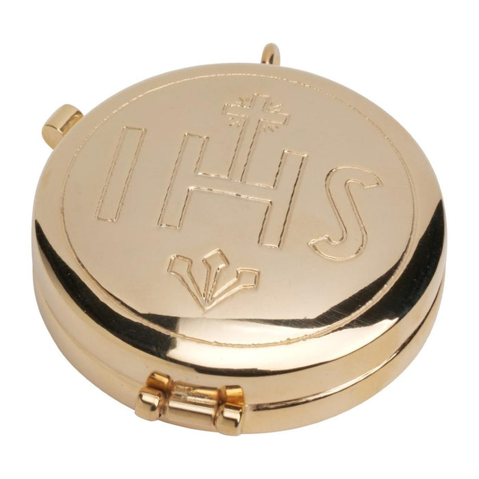 Gold Plated Pyx, I.H.S. Engraved Lid Design, Holds 10 Peoples Communion Hosts