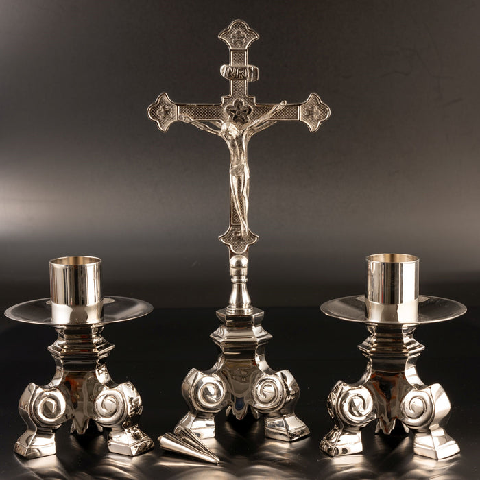 Standing Silvered Brass Crucifix With Baroque Design Base 35cm / 13.75 Inches High