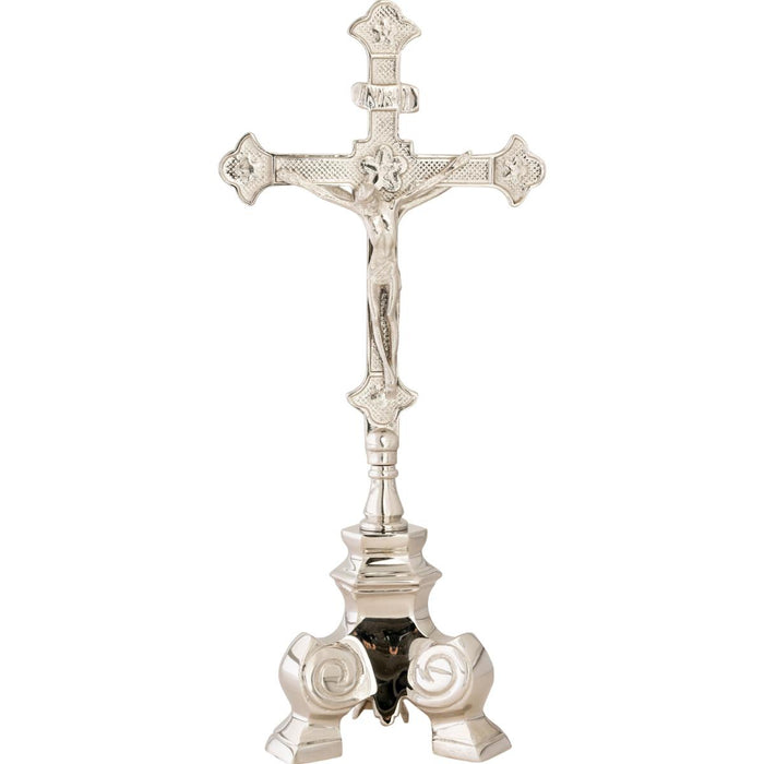 Standing Silvered Brass Crucifix With Baroque Design Base 35cm / 13.75 Inches High