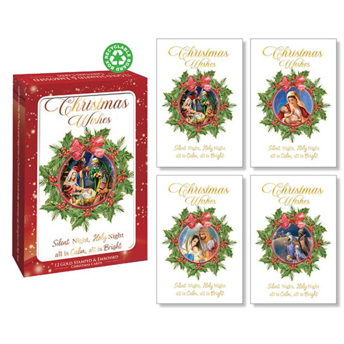 12 Christmas Cards - 4 Designs With Gold Foil Highlights, Christmas Wishes Silent Night Holy Night