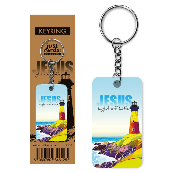 Jesus Light of Life - Wooden Keyring on a Metal Keychain, Printed Both Sides