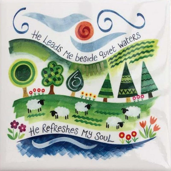 He Refreshes My Soul - Ceramic Coaster With Bible Verse, Size 10cm Square