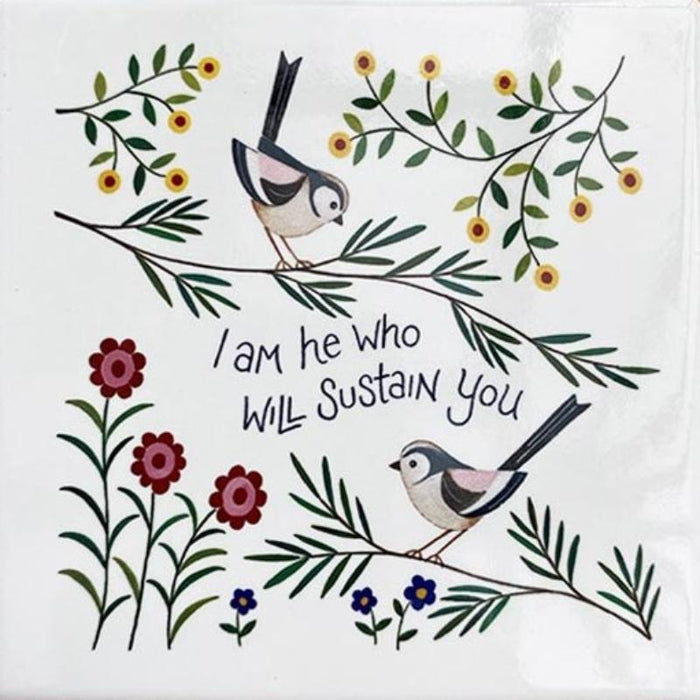 I Am He Who Will Sustain You - Ceramic Coaster Garden Birds With Bible Verse, Size 10cm Square