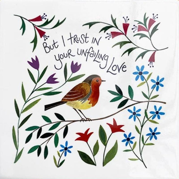 I Trust in Your Unfailing Love - Ceramic Coaster Garden Birds With Bible Verse, Size 10cm Square - Multi Buy Options Available