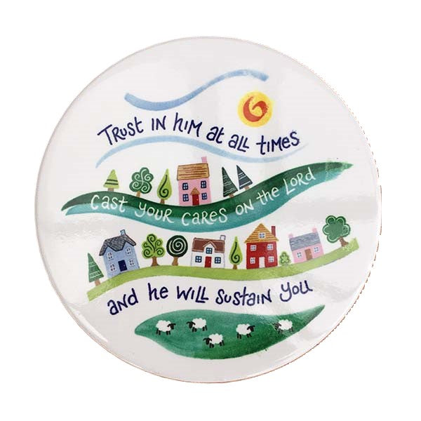 Trust In Him At All Times - Ceramic Coaster With Inspirational Verse, Size 10cm Diameter