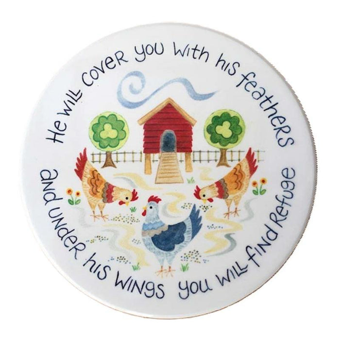 Under His Wings You Will Find Refuge - Ceramic Coaster With Bible Verse - Size 10cm Diameter