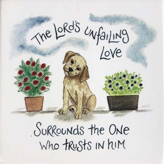 The Lord’s Unfailing Love - Ceramic Coaster Dog Design With Bible Verse, Size 10cm Square