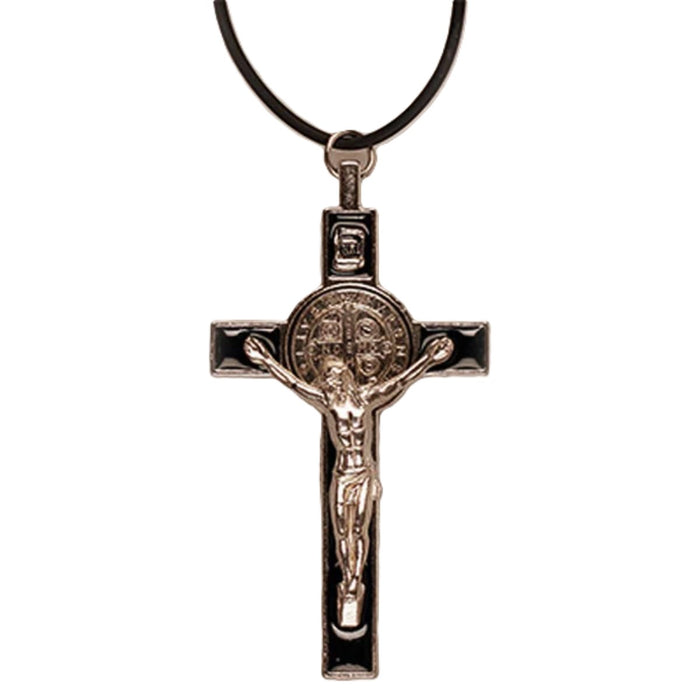 St Benedict Crucifix - Black Enamel 3 Inches / 7.5cm High With Adjustable Neck Cord