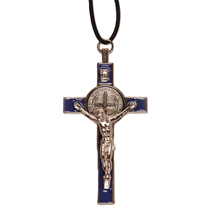 St Benedict Crucifix - Blue Enamel 3 Inches / 7.5cm High With Adjustable Neck Cord