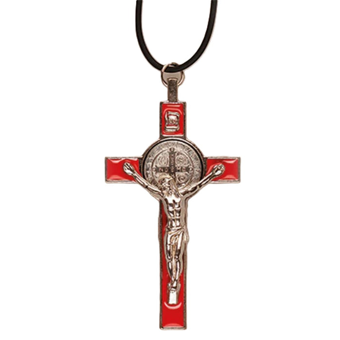 St Benedict Crucifix - Red Enamel 3 Inches / 7.5cm High With Adjustable Neck Cord