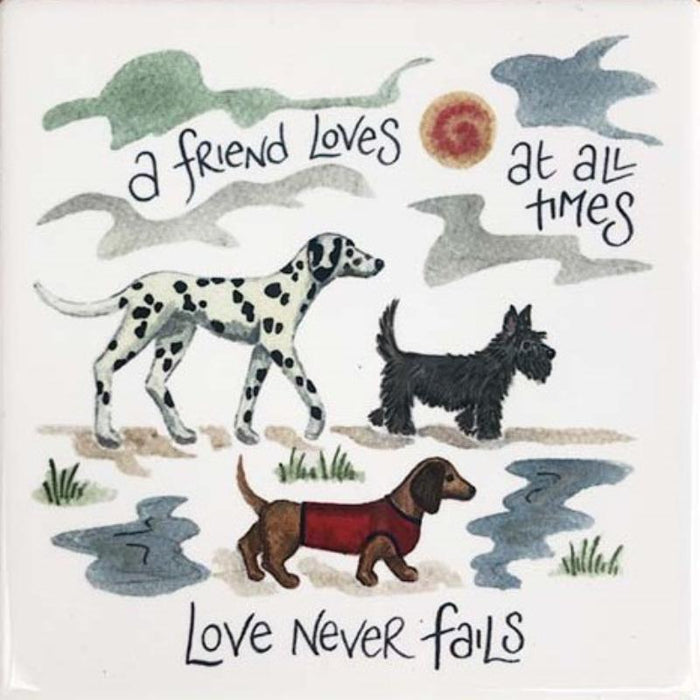 A Friend Loves At All Times - Ceramic Coaster Dog Design With Bible Verses - Size 10cm Square Multi Buy Options Available