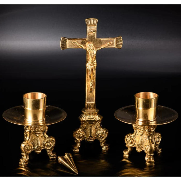 Gold Plated Brass Crucifix, Roccoco Base Design 10.25 Inches / 26cm High