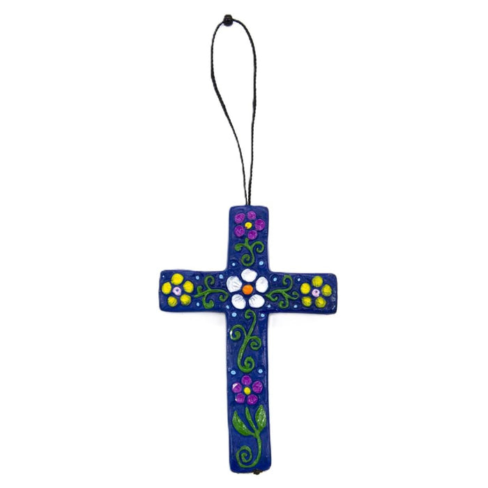 Hanging Flower Design Ceramic Crosses - Handmade In Peru, Available In 3 Colours 9.5cm / 3.75 Inches High