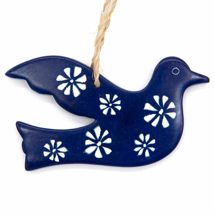 Dove of Peace Handcarved Soapstone, Dark Blue Flower Design 9.5cm / 3.75 Inches Wide