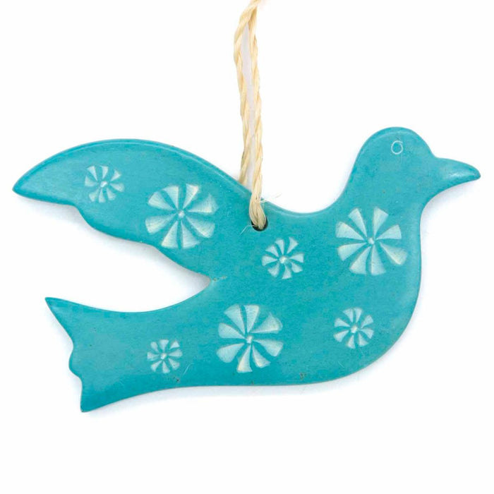 Dove of Peace Handcarved Soapstone, Turquoise Flower Design 7.5cm / 3 Inches Wide