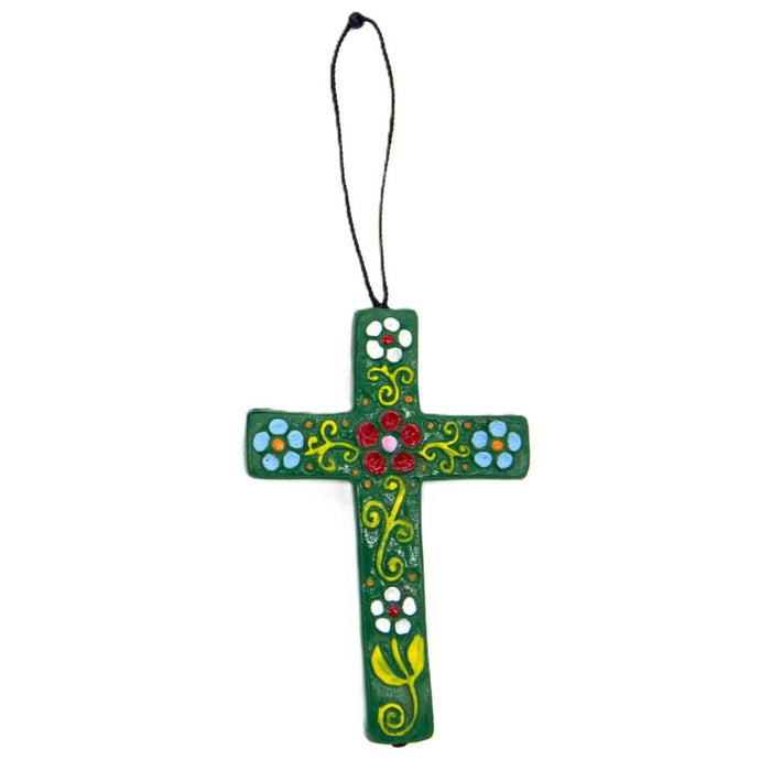 Hanging Flower Design Ceramic Crosses - Handmade In Peru, Available In 3 Colours 9.5cm / 3.75 Inches High