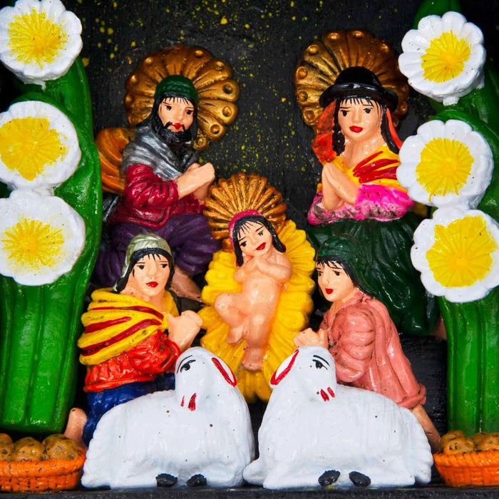 Hand Made and Painted Nativity Retablo - Blue Painted Box, 19cm / 7.5 Inches High