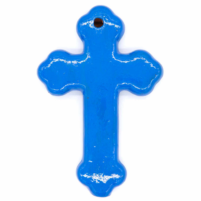 Hand Painted Ceramic Cross - Ornate Bird, Trefoil Shaped Design In Blue, Handmade In Mexico 18cm / 7 Inches High