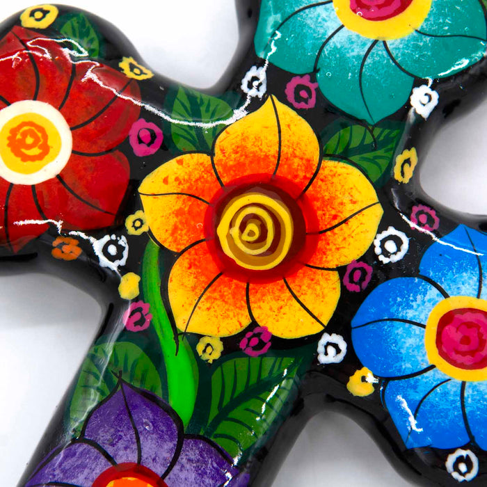 Hand Painted Ceramic Cross - Flowers, Trefoil Shaped Design, Handmade In Mexico 18cm / 7 Inches High