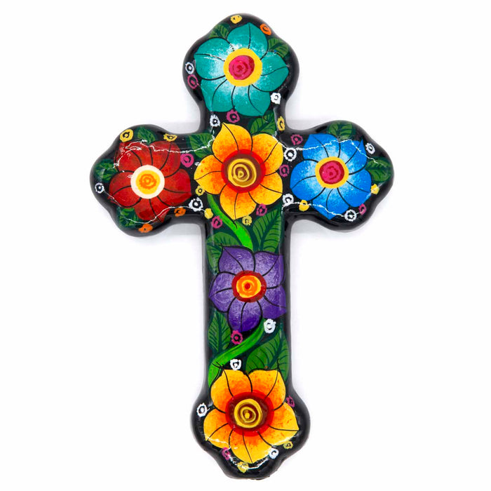 Hand Painted Ceramic Cross - Flowers, Trefoil Shaped Design, Handmade In Mexico 18cm / 7 Inches High