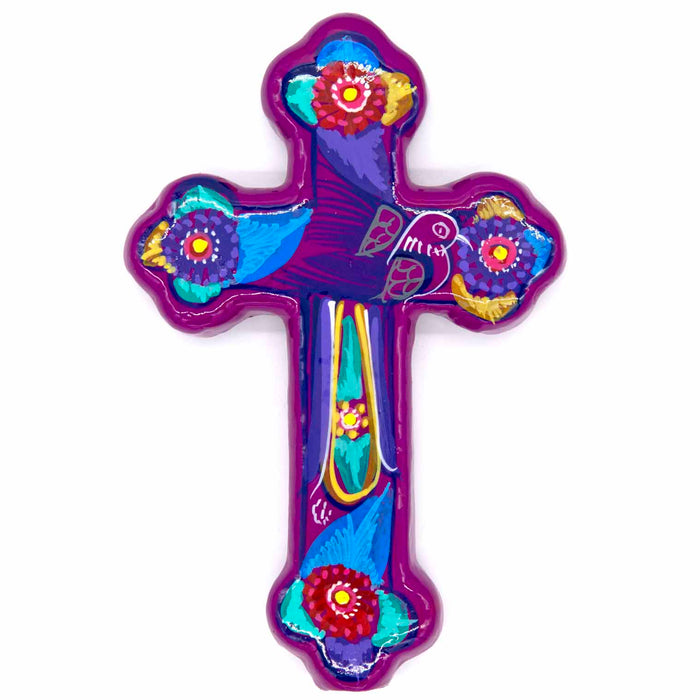 Hand Painted Ceramic Cross - Ornate Bird, Trefoil Shaped Design In Purple, Handmade In Mexico 18cm / 7 Inches High