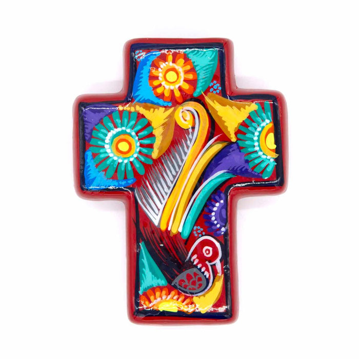 Hand Painted Ceramic Cross - Red Bird Design, Handmade In Mexico 14cm / 5.5 Inches High