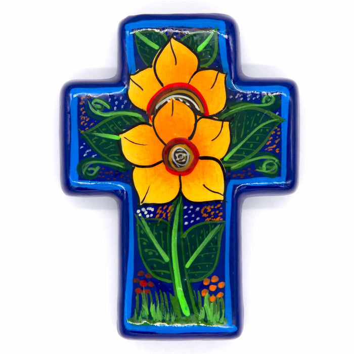 Hand Painted Ceramic Cross - Sunflower Design Dark Blue, Handmade In Mexico 14cm / 5.5 Inches High