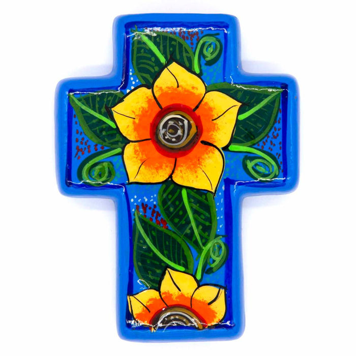 Hand Painted Ceramic Cross - Sunflower Design Light Blue, Handmade In Mexico 14cm / 5.5 Inches High