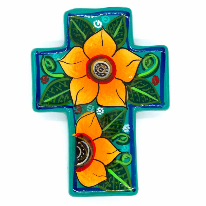 Hand Painted Ceramic Cross - Sunflower Design Turquoise Blue, Handmade In Mexico 14cm / 5.5 Inches High