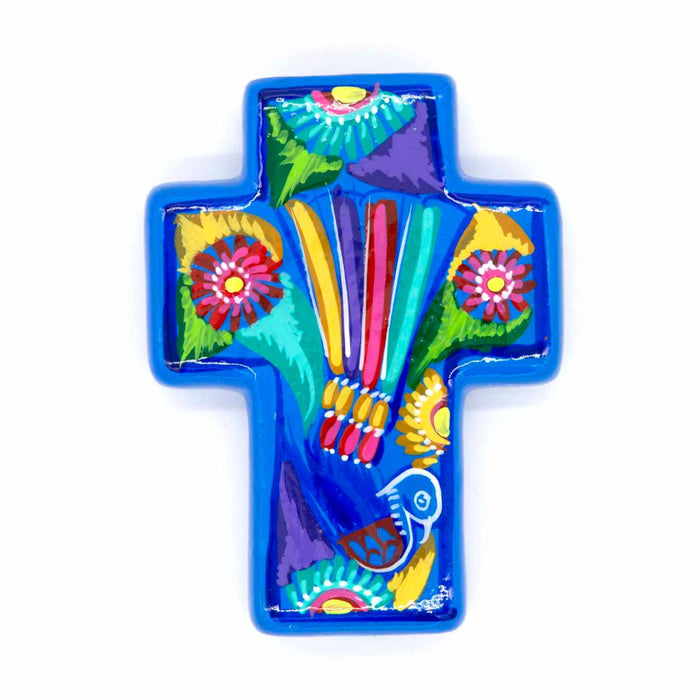 Hand Painted Ceramic Cross - Blue Bird Design, Handmade In Mexico 14cm / 5.5 Inches High