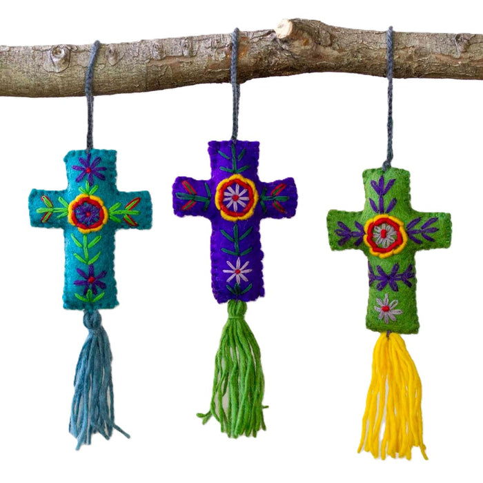 Hanging Felt Crosses - Handmade In Nepal, Available In 3 Colours 15cm / 6 Inches High