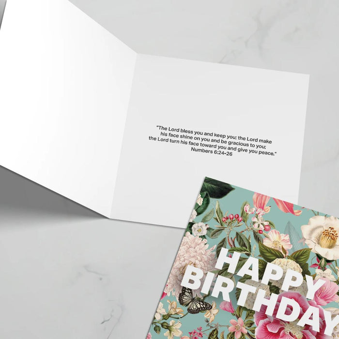 Happy Birthday Greeting Card With Bible Verse - Numbers 6:24-26 Floral Design