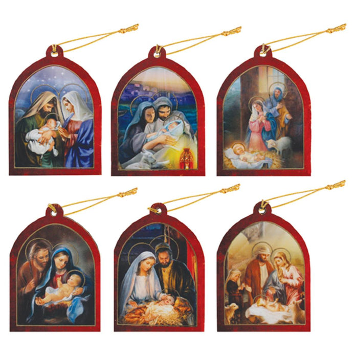 Holy Family Design Christmas Tree Decorations, Pack of 6 With Gold Hanging Cord & Gold Foil Highlights 5cm High