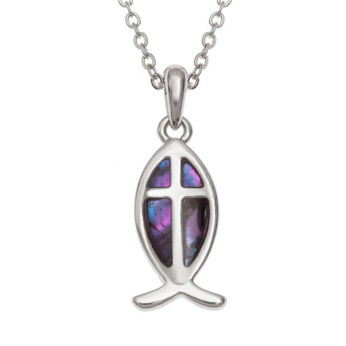 Ichthus Fish Cross Necklace, With Inlaid Purple Paua Shell - 19mm In Length complete with 18 Inch length chain