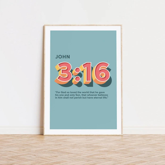 John 3 verse 16 - Blue Unframed Poster Print Available In Two Sizes - A4 and A3