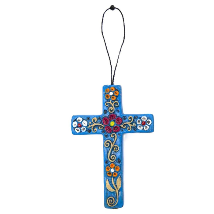 Hanging Flower Design Ceramic Crosses - Handmade In Peru, Available In 3 Colours 9.5cm / 3.75 Inches High