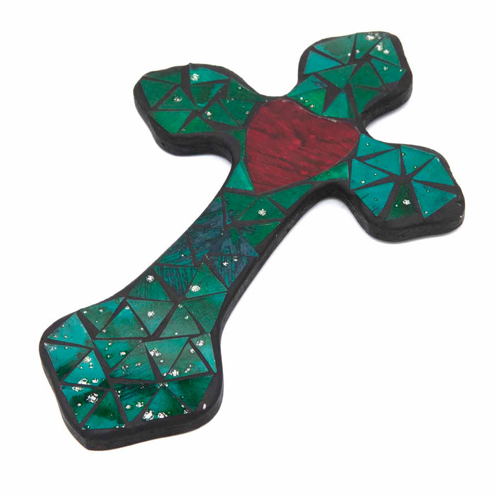 Mosaic Cross Blue/Green Colour with a Central Red Heart, Fairtrade Handmade Cross From Indonesia 22cm / 8.5 Inches High