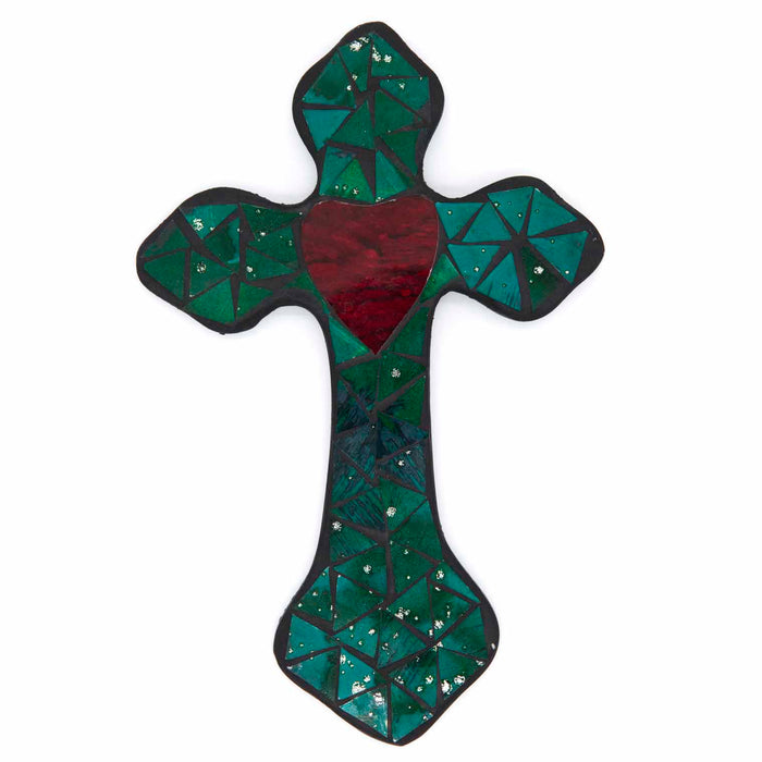 Mosaic Cross Blue/Green Colour with a Central Red Heart, Fairtrade Handmade Cross From Indonesia 22cm / 8.5 Inches High