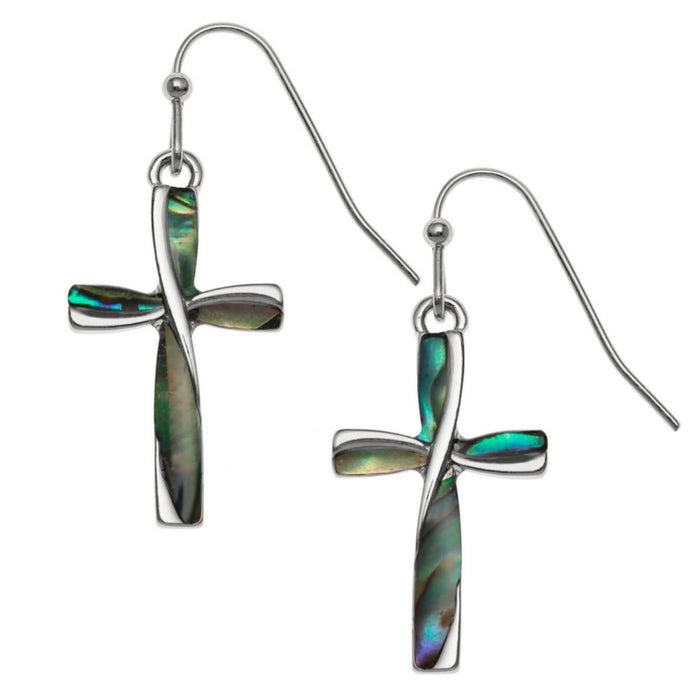 Natural Paua Shell Cross, Hook Earrings - Each Earring is 25mm High