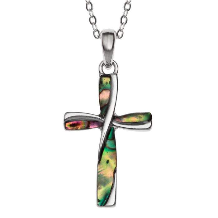 Natural Paua Shell Cross Necklace - 30mm High with an 18 Inch length trace chain