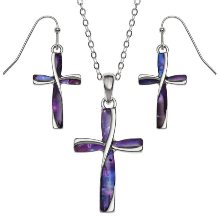 Purple Paua Shell - Cross and Earrings Set