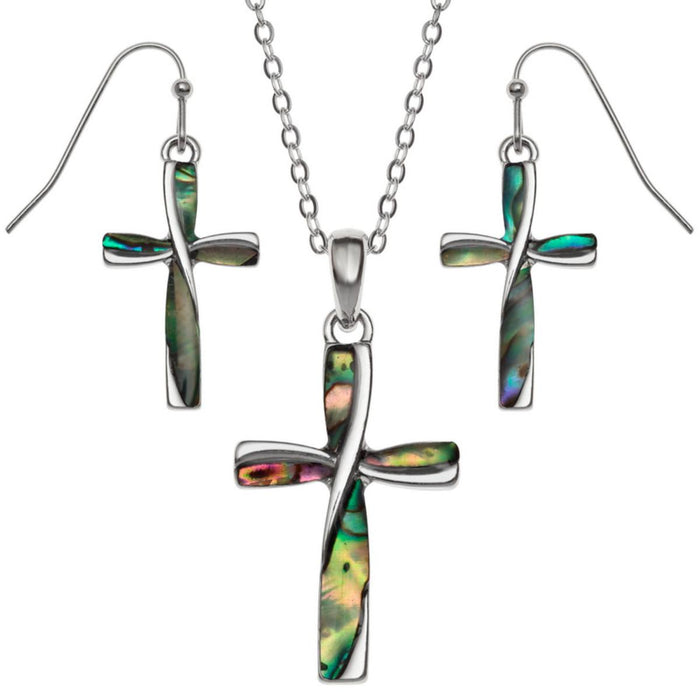 Natural Paua Shell - Cross and Earrings Set