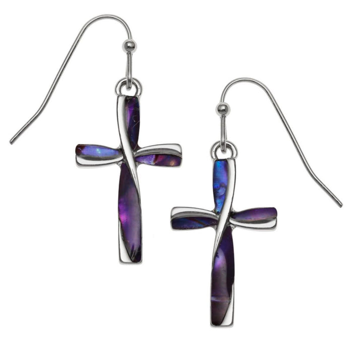 Purple Paua Shell Cross, Hook Earrings - Each Earring is 25mm High